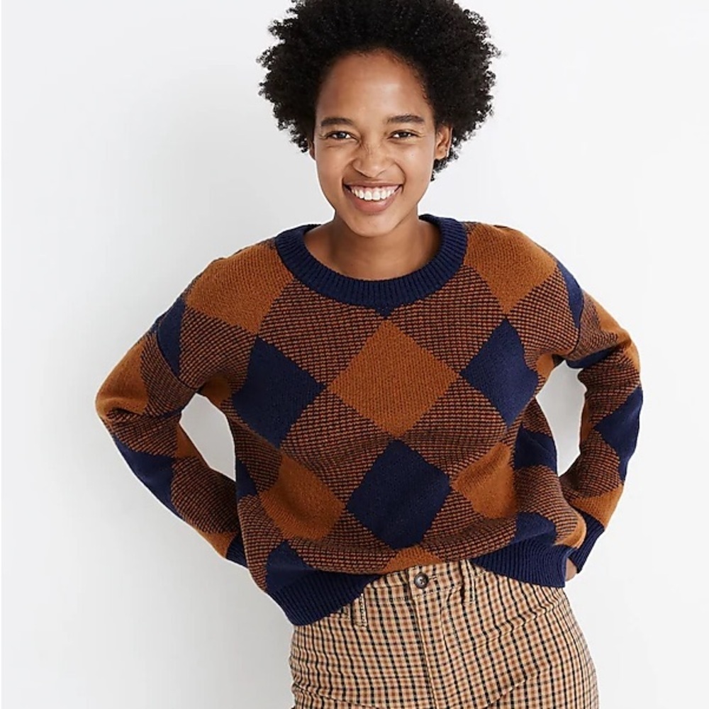 Madewell Mullen Women’s Brown and Navy Checkered Argyle Sweater. Small. - Picture 2 of 7
